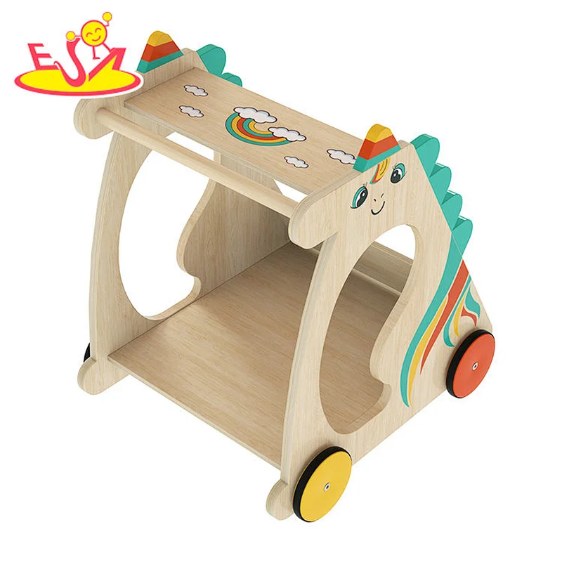 New Arrival Walking Learning Trolley Cart Wooden Unicorn Push Walker For Baby W16E226